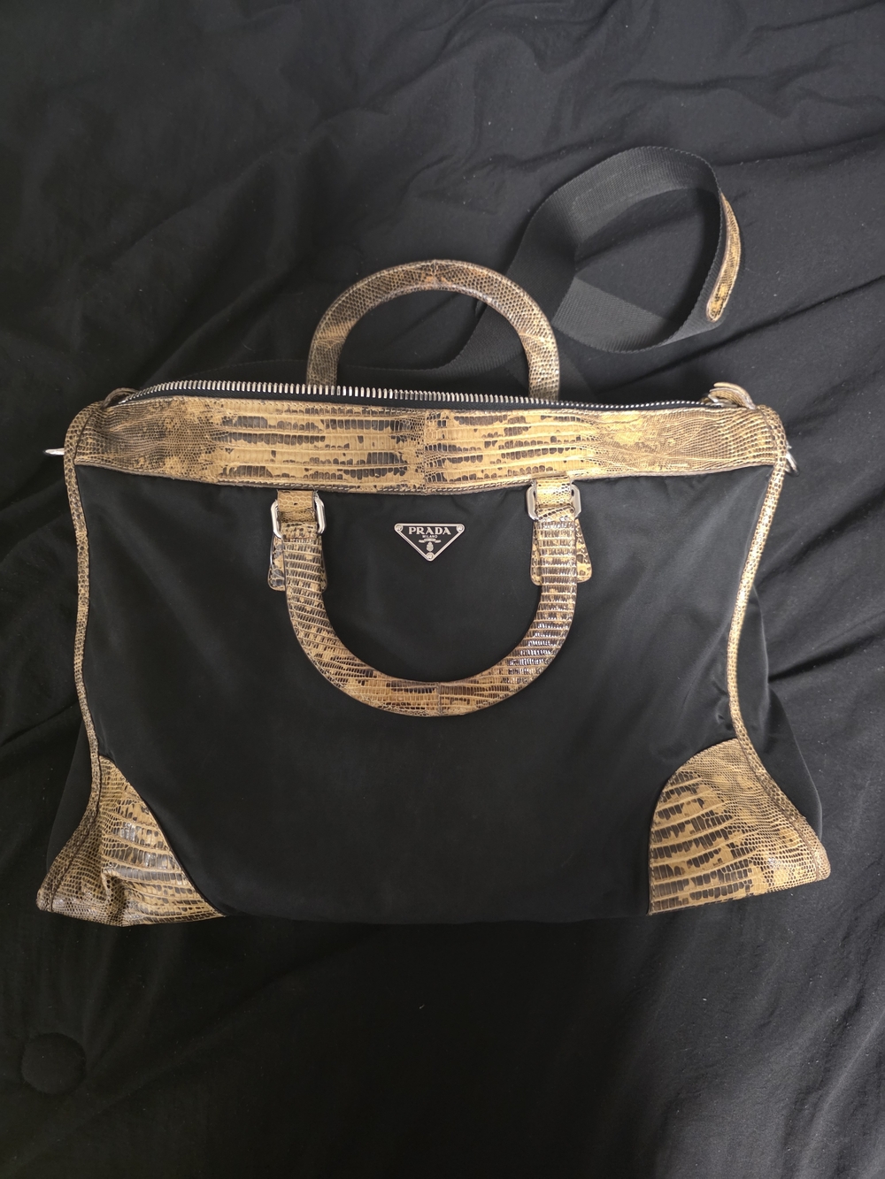 Prada Lucertola Tessuto tote bag featuring black nylon and lizard-effect leather